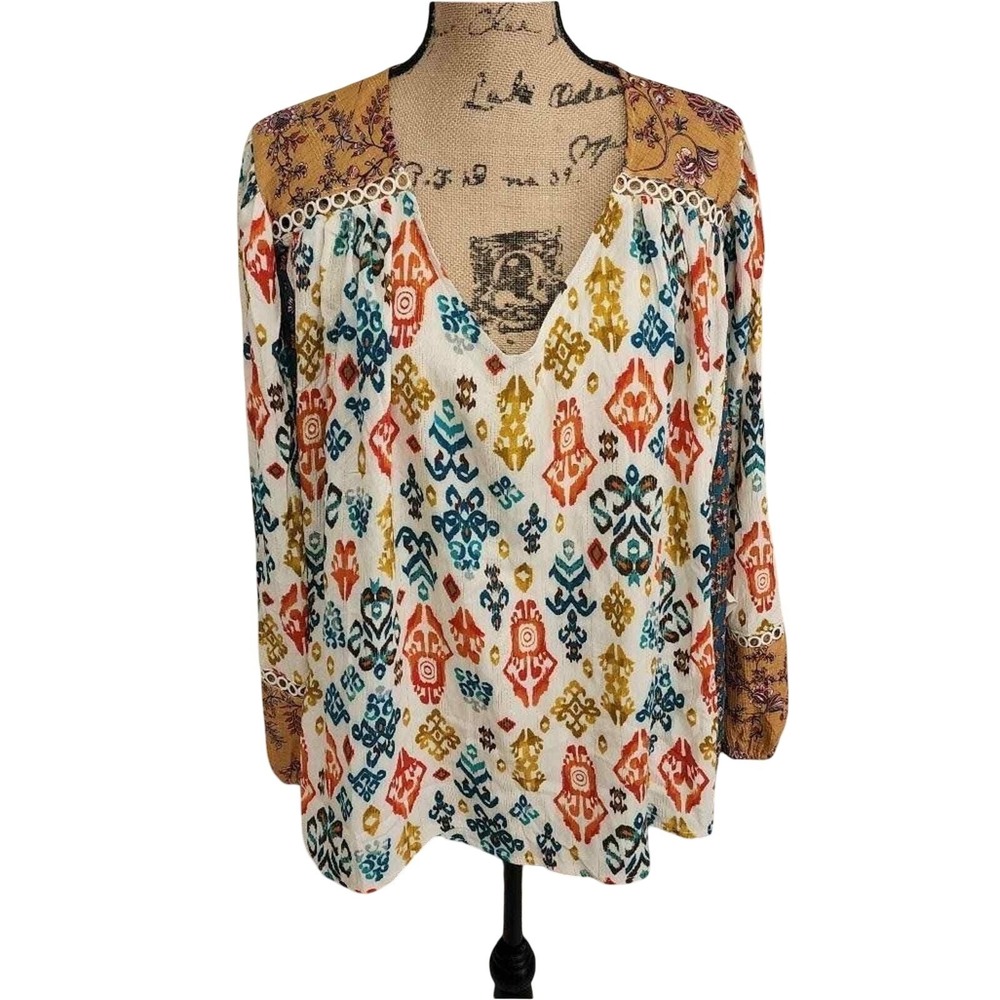 Farmers Market Womens 3X Boho Mixed Print Ikat Floral Lurex Shimmer Blouse Top